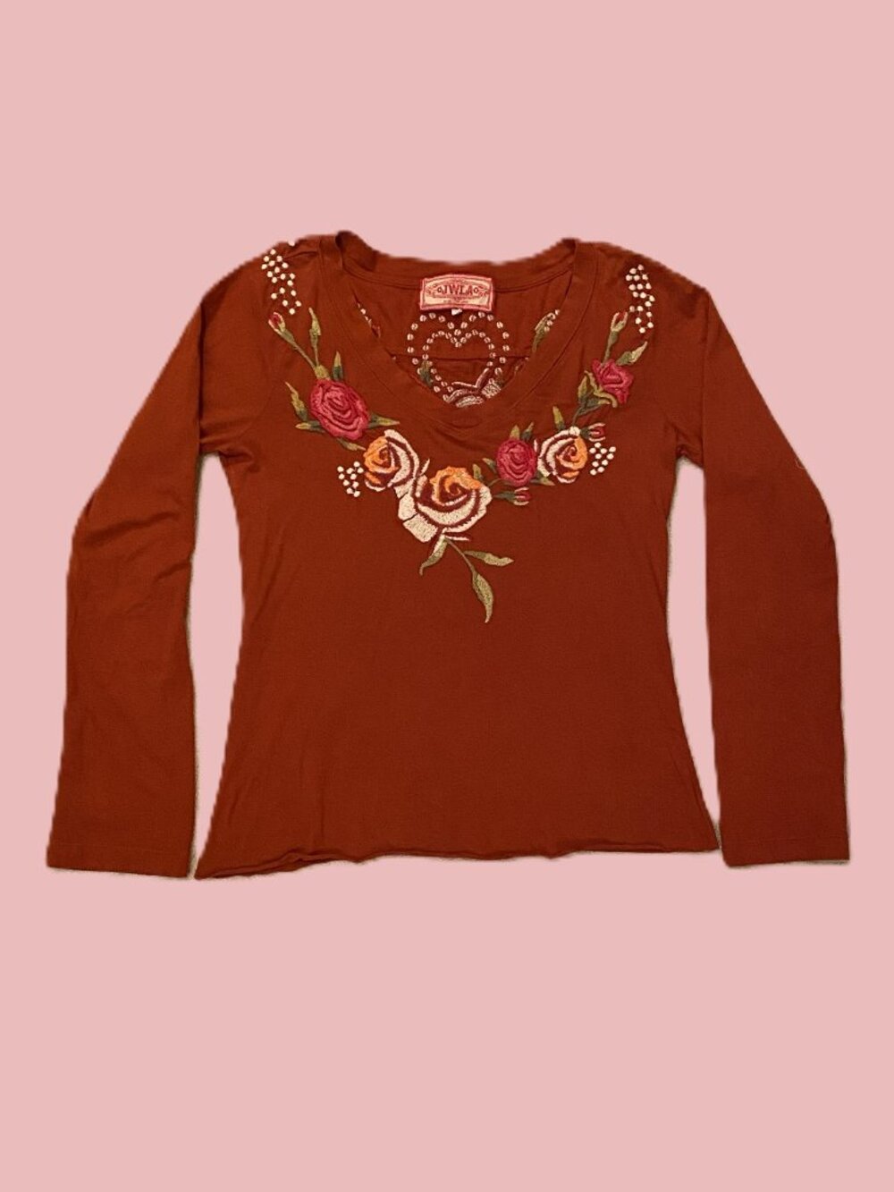 JWLA Women's Long Sleeve Casual Shirt with Embroidery Burned Orange Size M